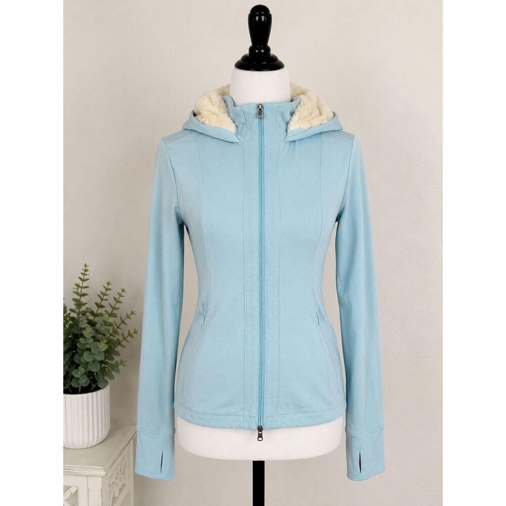 Zuda XXS Light Blue Fleece Lined Hooded Zip Jacket Stretch Activewear NWOT